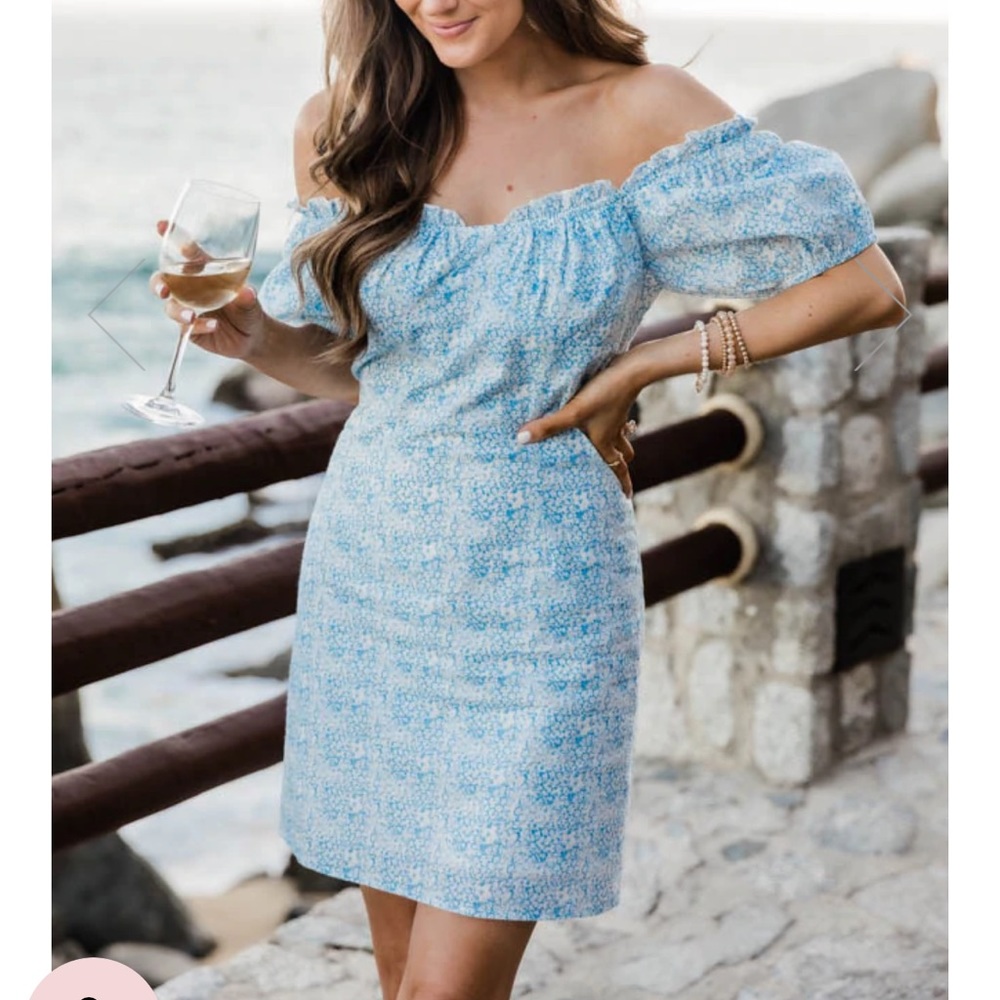 Pink Lily Off the Shoulder Printed Blue Dress